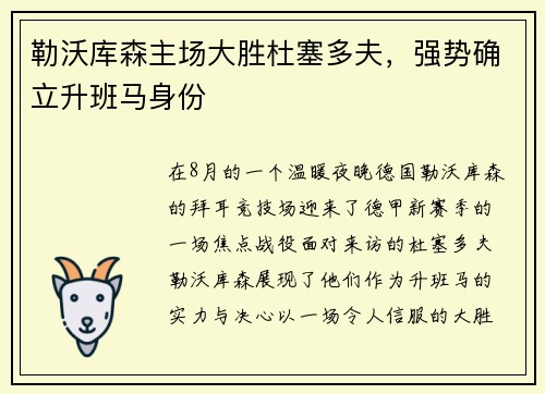 勒沃库森主场大胜杜塞多夫，强势确立升班马身份