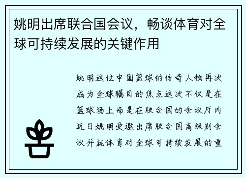 姚明出席联合国会议，畅谈体育对全球可持续发展的关键作用